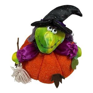 Animated Cackling Plush Witch On Pumpkin Halloween Tabletop Decorations 9.5”